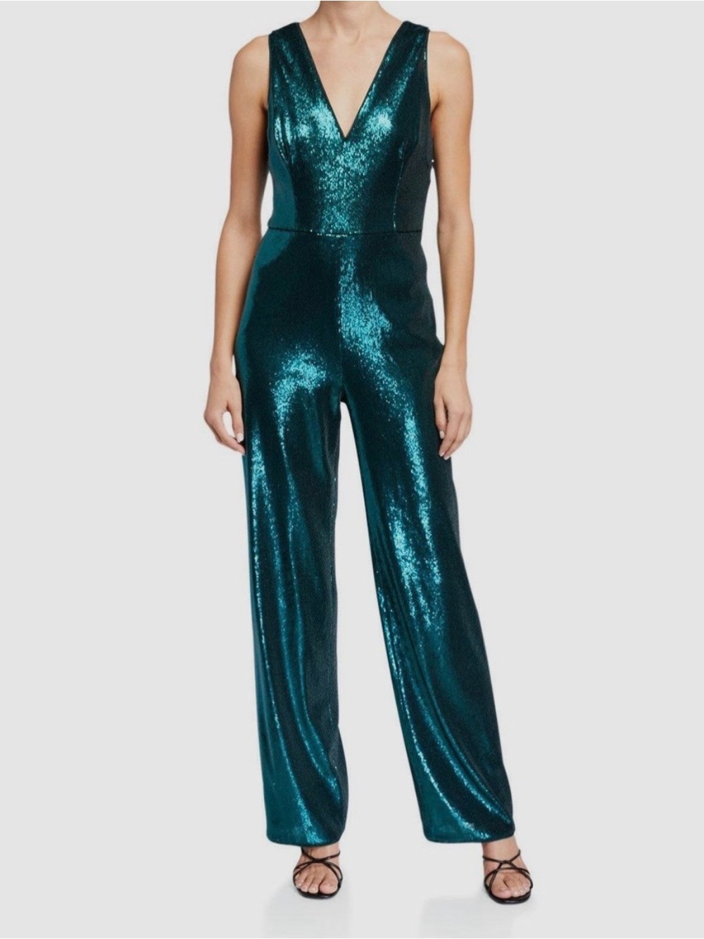 Aidan Mattox Sleeveless Sequin V-Neck Jumpsuit in Green